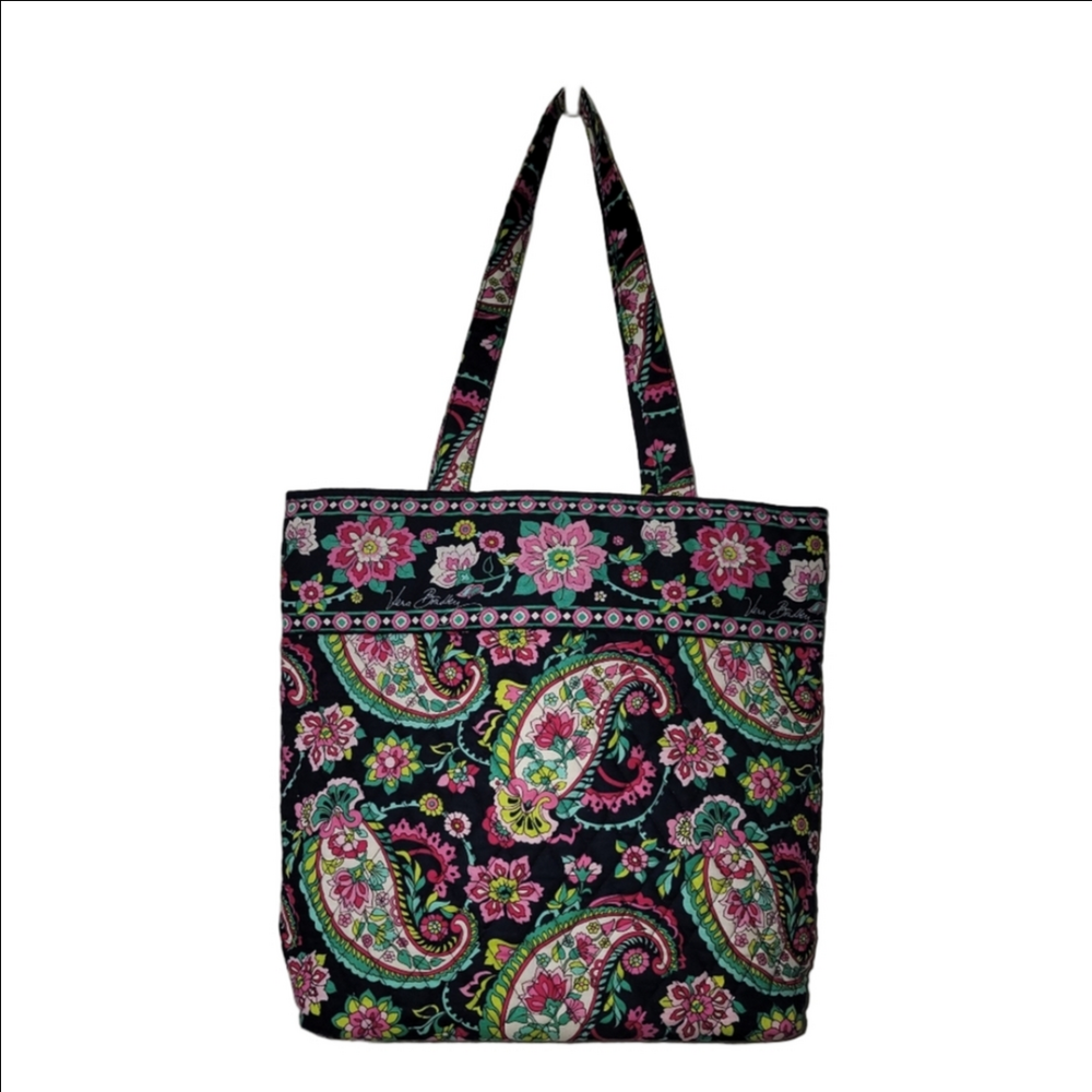 VERA BRADLEY TOTE- PETAL PAISLEY PATTERN RETIRED, black & Bright Floral Paisley